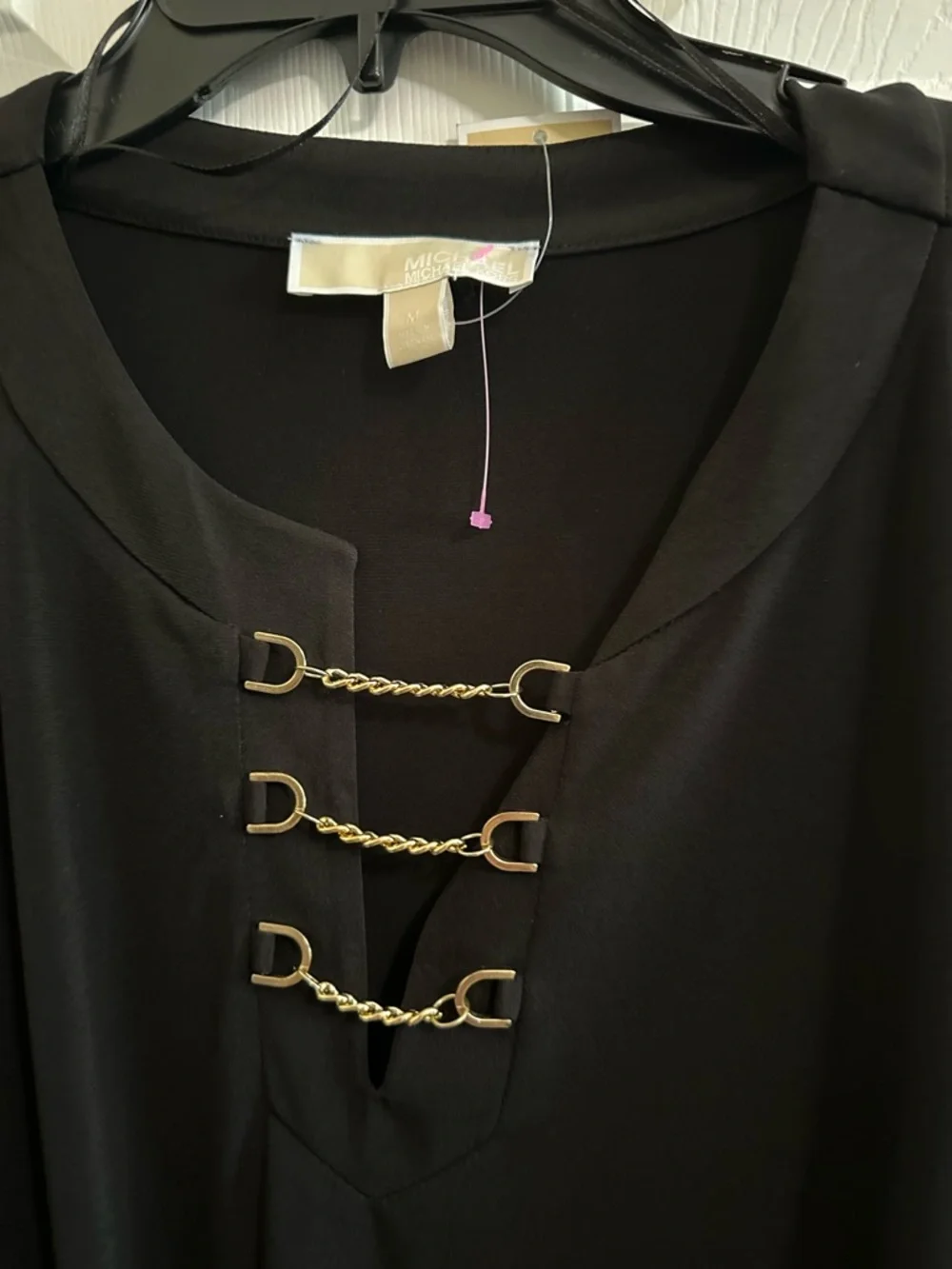 Michael Kors Black Long Sleeve Dress with Gold Hardware, Ties at Waist NWT SZ M